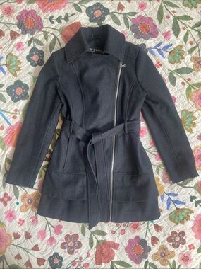 GUESS Charcoal Gray Belted Wool Blend Asymmetrical Zip Trench Coat Large